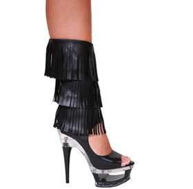 Karo's Shoes 3268-Knee High Leather with 3 Row Fringes, Open Back and Open Toe, with Zipper, 6" Elegant Platform