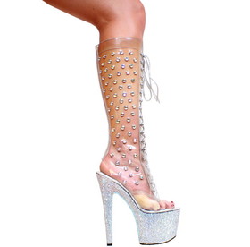 Karo's Shoes 3351-Knee High Clear with Rhinestones, Lace up Front, Open Back and Open Toe, 7" Rhinestone