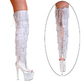 Karo's Shoes 3358 Silver Leather with 7 Row Silver Rhinestone Fringes, Lace up Back, Open Back and Open Toe, 7