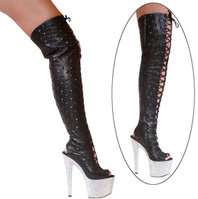 Karo's Shoes 3359 Black Leather with Lace up Front, with Zipper, Open Back and Open Toe, 7" Rhinestone