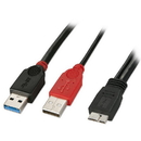 LINDY 31115 0.5m USB 3.0 Dual Power Cable, 2 x Type A to Micro-B