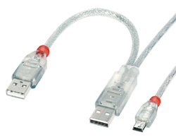 LINDY 31784 1m USB Cable - Dual Power, 2 x Type A (20cm) to mini B, USB 2.0