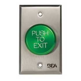 BEA 10ACPBDA10 Pneumatic Push Button, Single gang plate, oversized 2" Green button, "Push to Exit" text, 2.5 AMP 12 to 24 V AC/DC