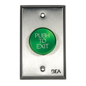 BEA 10ACPBDA12 Pneumatic Push Button, Single gang plate, oversized 1 5/8" Green button, "Push to Exit" text, 2.5 AMP 12 to 24 V AC/DC