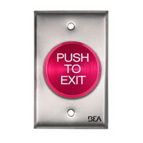 BEA 10ACPBDA2 Pneumatic Push Button, Single gang plate, oversized 2" Red button, "Push to Exit" text, 2.5 AMP 12 to 24 V AC/DC