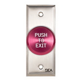 BEA 10ACPBDA3 Pneumatic Push Button, Jamb plate, standard 1 5/8" Red button, "Push to Exit" text, 2.5 AMP 12 to 24 V AC/DC