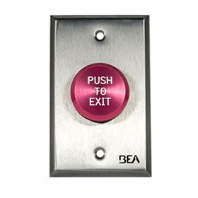 BEA 10ACPBDA4 Pneumatic Push Button, Single gang plate, standard 1 5/8" Red button, "Push to Exit" text, 2.5 AMP 12 to 24 V AC/DC