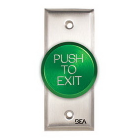 BEA 10ACPBDA9 Pneumatic Push Button, Jamb plate, oversized 2" Green button, "Push to Exit" text, 2.5 AMP 12 to 24 V AC/DC