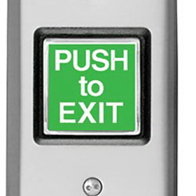 SDC 423U 2" Exit Switch, 12/24VDC, 2A DPDT Contact, "PUSH TO EXIT", Integrated Electronic Timer, Adjustable 1-60 Seconds, Satin Stainless Steel