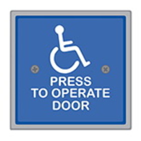 MS Sedco 59-H Door Activation Switch, 4-1/2" Square Face Plate, Blue Face Plate, WHEELCHAIR/PRESS TO OPERATE DOOR