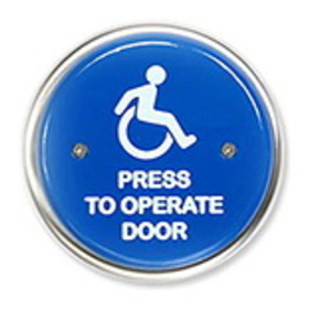 MS Sedco 59R4-H 59R4 Series Door Activation Switch, Blue Face plate, 4-1/2" Round Stainless Steel Switch, WHEELCHAIR/PRESS TO OPERATE DOOR