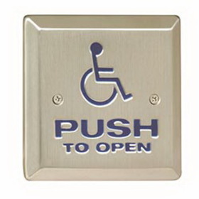 Camden CM-46/4 4-1/2" Square Push Plate Switch, Exposed Screws, SPDT Relay, 'Push to Open' Text/Wheelchair Symbol, Satin Stainless Steel Finish