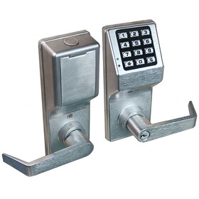 Alarm Lock DL4100 US26D Pushbutton Cylindrical Door Lock, 2000 Users, 40,000 Event Audit Trail, Weatherproof, Straight Lever, Satin Chrome
