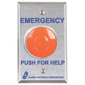 Alarm Controls PBL-1 1-1/2" Red Mushroom Button, "EMERGENCY PUSH FOR HELP", (1) NO, 1 (NC) Lat. Contacts, Single Gang, Satin Stainless Steel