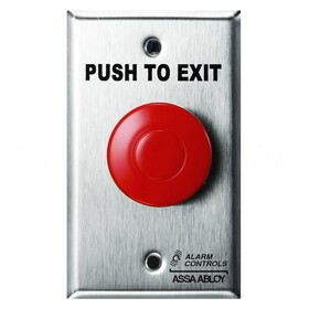 Alarm Controls TS-14R 1-1/2" Red Mushroom Button, "PUSH TO EXIT", Pneumatic Time Delay, Single Gang, Satin Stainless Steel