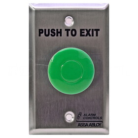 Alarm Controls TS-14 1-1/2" Green Mushroom Button, "PUSH TO EXIT", Pneumatic Time Delay, Single Gang, Satin Stainless Steel