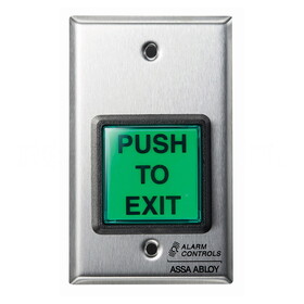 Alarm Controls TS-2-2 2" Green Square Button, "PUSH TO EXIT", DPDT Momentary, Single Gang, Satin Stainless Steel