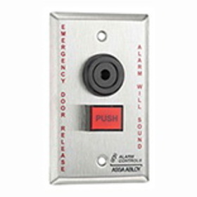 Alarm Controls TS-25 Pushbutton with Buzzer, "EMERGENCY DOOR RELEASE", "ALARM WILL SOUND", Single Gang, Satin Stainless Steel