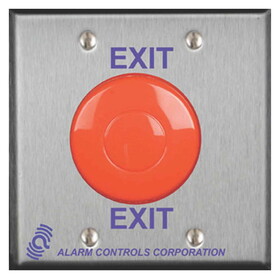 Alarm Controls TS-50 2-1/2" Red Mushroom Button, "PUSH TO EXIT", DPDT Momentary, Double Gang, Satin Stainless Steel