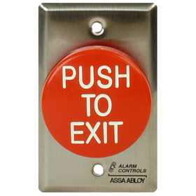 Alarm Controls TS-60 2-1/2" Red Mushroom Button, "PUSH TO EXIT", Pneumatic Time Delay, Single Gang, Satin Stainless Steel