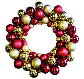 Winterland BAT-BWR-16-GO-RE-PW 16" Gold and Red Ball Wreath with Battery Powered Pure White LEDs