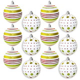 LEDgen ORN-12PK-LD-GRG 12 Pack White Ball Ornament with Gold, Red, and Green Dot and Line Design