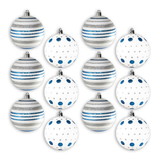 LEDgen ORN-12PK-LD-SA 12 Pack White Ball Ornaments with Silver and Aqua Dot and Line Design