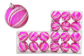 LEDgen ORN-18PK-M-HPI 18 Pack 3" Hot Pink Matte Ornaments with Pink and White Glitter Sprial Stripes