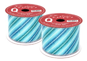 LEDgen RBN-5185681-AQWHBL-2PK 2 Pack of 30' Aqua, White, and Dark Blue Ribbon with Digonal Stripes and Glitter Enhancements