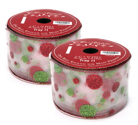 LEDgen RBN-5453337-LGRE-2PK 2 Pack of 30" White Ribbon with Lime Green and Red Glitter Polka Dots