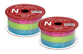 LEDgen RBN-5454723-AQPILG-2PK 2 Pack of 30' Aqua, Hot Pink, and Lime Green Glitter Striped Ribbon