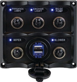 Sea-Dog 424617-1 Water Resistant Toggle Switch Panel w/5 Switches & USB Power Stocket