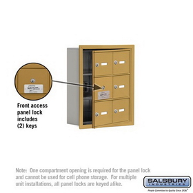Salsbury Industries 19135-06GRK Cell Phone Storage Locker - with Front Access Panel - 3 Door High Unit(5 Inch Deep Compartments)- 6 A Doors(5 usable)- Gold - Recessed Mounted - Master Keyed Locks