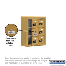 Salsbury Industries 19135-06GSC Cell Phone Storage Locker-with Front Access Panel-3 Door High Unit (5 Inch Deep Compartments)-6 A Doors (5 usable)-Gold-Surface Mounted-Resettable Combination Locks