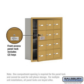 Salsbury Industries 19145-12GRK Cell Phone Storage Locker-with Front Access Panel-4 Door High Unit (5 Inch Deep Compartments)-12 A Doors (11 usable)-Gold-Recessed Mounted-Master Keyed Locks