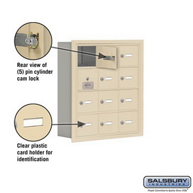 Salsbury Industries 19145-12SRK Cell Phone Storage Locker-with Front Access Panel-4 Door High Unit (5 Inch Deep Compartments)-12 A Doors (11 usable)-Sandstone-Recessed Mounted-Master Keyed Locks