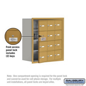 Salsbury Industries 19148-12GRK Cell Phone Storage Locker-with Front Access Panel-4 Door High Unit (8 Inch Deep Compartments)-12 A Doors (11 usable)-Gold-Recessed Mounted-Master Keyed Locks