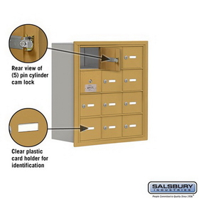 Salsbury Industries 19148-12GRK Cell Phone Storage Locker-with Front Access Panel-4 Door High Unit (8 Inch Deep Compartments)-12 A Doors (11 usable)-Gold-Recessed Mounted-Master Keyed Locks