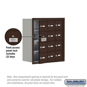 Salsbury Industries 19148-12ZRK Cell Phone Storage Locker-with Front Access Panel-4 Door High Unit (8 Inch Deep Compartments)-12 A Doors (11 usable)-Bronze-Recessed Mounted-Master Keyed Locks