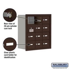 Salsbury Industries 19148-12ZRK Cell Phone Storage Locker-with Front Access Panel-4 Door High Unit (8 Inch Deep Compartments)-12 A Doors (11 usable)-Bronze-Recessed Mounted-Master Keyed Locks
