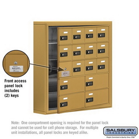 Salsbury Industries 19155-16GSC Cell Phone Storage Locker-5 Door High Unit(5in Deep Compartments)-12 A Doors(11 usable)and 4 B Doors-Gold-Surface Mounted-Resettable Combination Locks