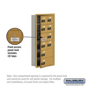 Salsbury Industries 19165-10GRC Cell Phone Storage Locker-6 Door High Unit(5in Deep Compartments)-8 A Doors(7 usable)and 2 B Doors-Gold-Recessed Mounted-Resettable Combination Locks