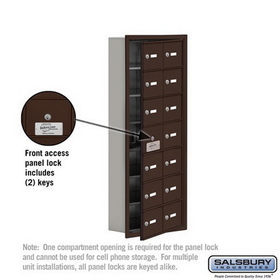 Salsbury Industries 19175-14ZRK Cell Phone Storage Locker-with Front Access Panel-7 Door High Unit (5 Inch Deep Compartments)-14 A Doors (13 usable)-Bronze-Recessed Mounted-Master Keyed Locks
