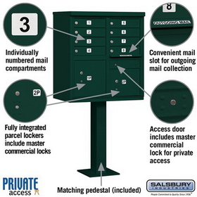 Salsbury Industries 3308GRN-P Cluster Box Unit (Includes Pedestal and Master Commercial Locks) - 8 A Size Doors - Type I - Green - Private Access