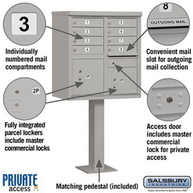 Salsbury Industries 3308GRY-P Cluster Box Unit (Includes Pedestal and Master Commercial Locks) - 8 A Size Doors - Type I - Gray - Private Access