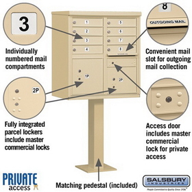 Salsbury Industries 3308SAN-P Cluster Box Unit (Includes Pedestal and Master Commercial Locks) - 8 A Size Doors - Type I - Sandstone - Private Access