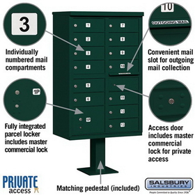 Salsbury Industries 3313GRN-P Cluster Box Unit (Includes Pedestal and Master Commercial Locks) - 13 B Size Doors - Type IV - Green - Private Access