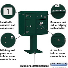 Salsbury Industries 3407D-03GRN Pedestal Mounted 4C Horizontal Mailbox Unit - 7 Door High Unit (55-1/8 Inches) - Double Column - 2 MB2 Doors / 1 MB3 Door / 1 PL5 - Green