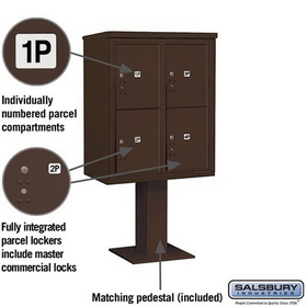 Salsbury Industries 3410D-4PBRZ Pedestal Mounted 4C Horizontal Mailbox Unit - 10 Door High Unit (65 5/8 Inches) - Double Column - Stand-Alone Parcel Locker - 4 PL5