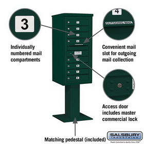 Salsbury Industries 3410S-08GRN Pedestal Mounted 4C Horizontal Mailbox Unit - 10 Door High Unit (65-5/8 Inches) - Single Column - 8 MB1 Doors - Green